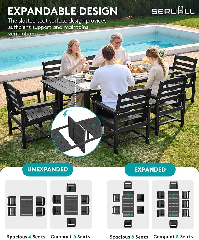 SERWALL 7-Piece Patio Dining Sets, 60" - 83" Expandable Outdoor Dining Table and 6 HDPE Chairs, All Weather HDPE Outdoor Furniture Set for Backyard, Garden, Black SERWALL
