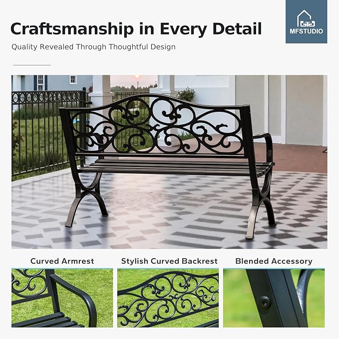 MFSTUDIO 50 Inches Outdoor Garden Bench, Cast Iron Metal Frame Patio Park Bench with Floral Pattern Backrest, Arch Legs for Porch Lawn Garden Yard(Black) MFSTUDIO