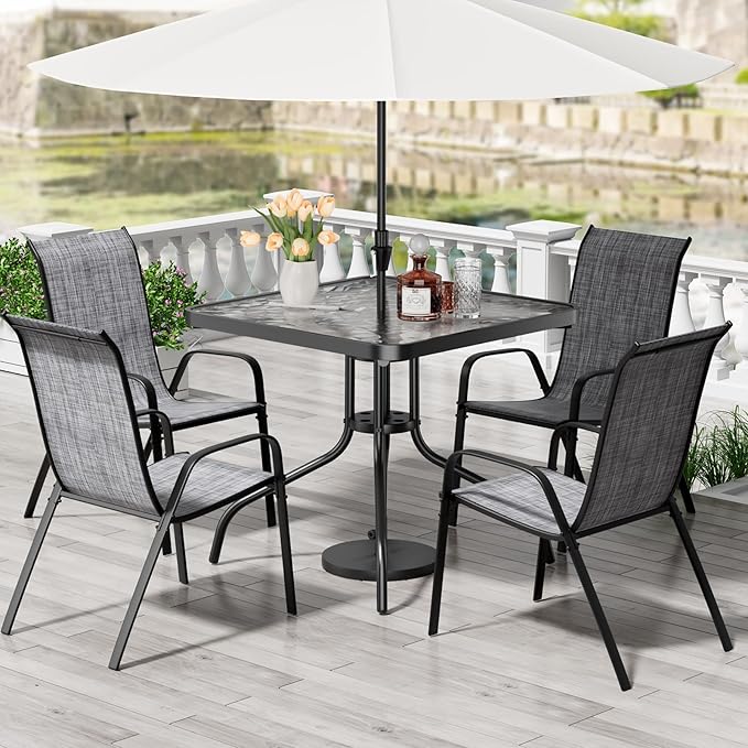 TLSUNNY Patio Dining Set 5 Pieces, All Weather Outdoor Furniture W/30"X 30" Table and 4 Stackable Textilene Chairs, Metal Table and Chairs for Lawn, Garden, Poolside, Backyard (Umbrella not Included) TLSUNNY