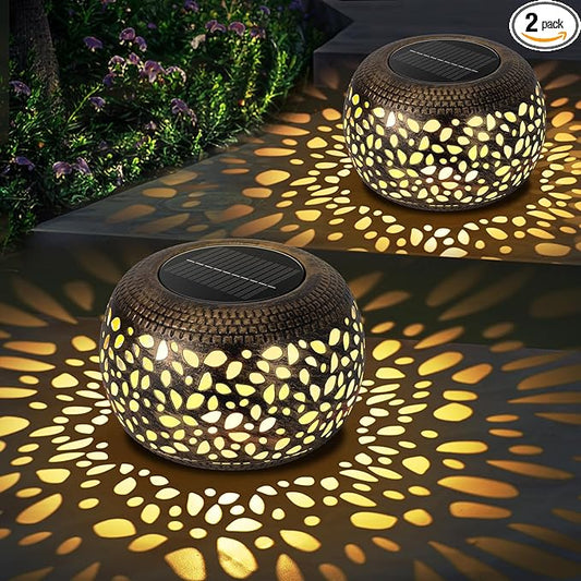 Solar Lanterns Waterproof Outdoor Decor: 2 Pack Hollow Out Retro Metal Solar Lights - Unique Gardening Gifts for Women Mom - Outside Garden Yard Patio Porch Tabletop Decorations 2 Lighting Colors NFEVER
