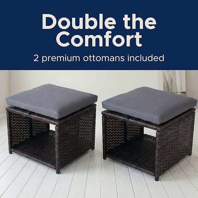 Outdoor Storage Ottoman (Set of 2) - All-Weather Wicker Patio Footstool with Washable Cushions - Sturdy Rattan Foot Rest & Hidden Box for Deck, Porch, Backyard & Balcony Rootora