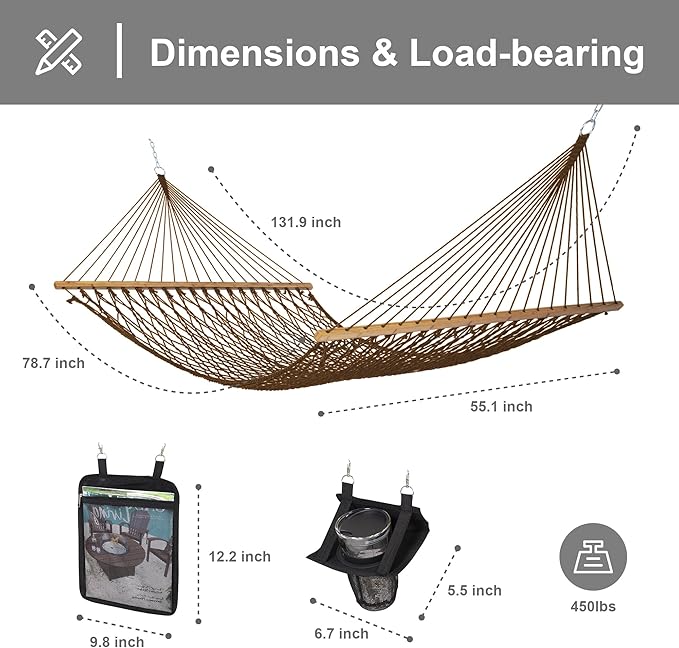 SUNCREAT Portable 2 Person Hammock with Carrying Bag, Tree Hooks, Magazine Bag, Bottle Holder, Heavy Duty Hanging Tree Hammock, Brown SUNCREAT