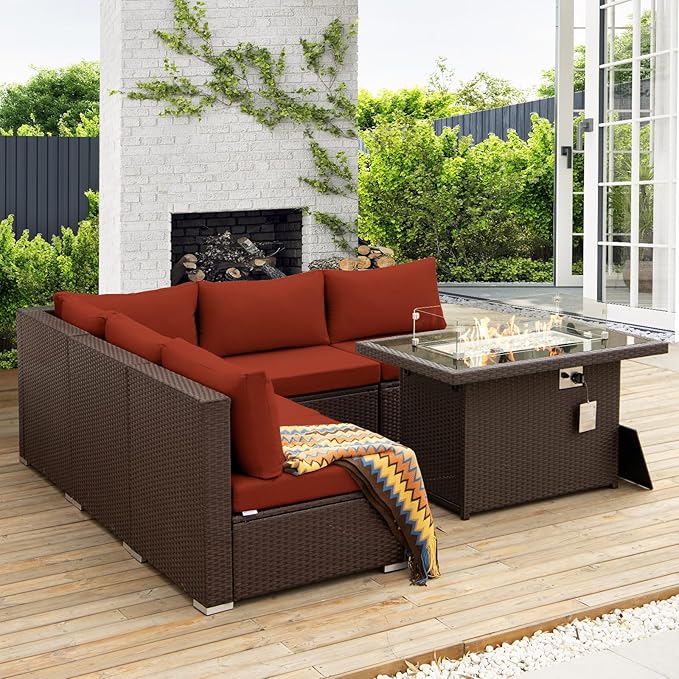 NICESOUL 6 Piece L-Shaped Modern Outdoor Furniture Set with Firepit Natural Gas/Propane, 29.3'' High-Back Deep Wide Seat Patio Conversations for Outside, Large Size Sofa, Brown Rattan and Red Cushion NICESOUL