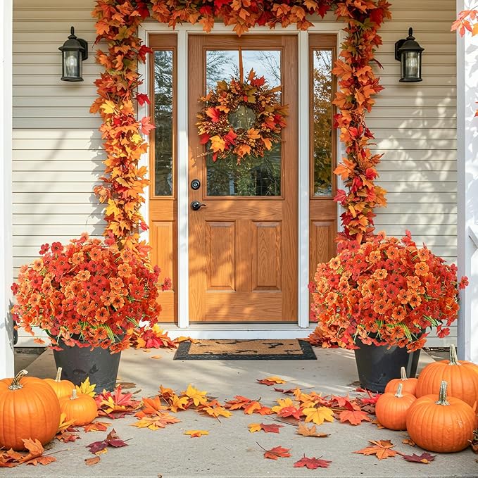 MACTING 24 Bundles Artificial Fall Flowers for Outdoors Faux Mums Outdoor Plants UV Resistant Fake Silk Flowers for Planters Patio Garden Porch Indoor Outside Autumn Thanksgiving Decor,Orange & Red MACTING