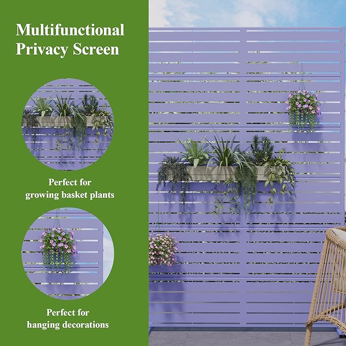 Casaphoria Metal Privacy Screen Outdoor, 72" H x 47" W Freestanding Decorative Privacy Screen for Patio Deck Balcony Garden with Stable Base, Purple-Louvered Casaphoria