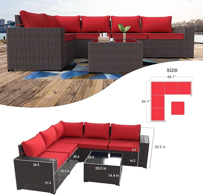 Kullavik 6PCS Outdoor Patio Furniture Set PE Wicker Rattan Sectional Sofa Patio Conversation Sets,Red KULLAVIK