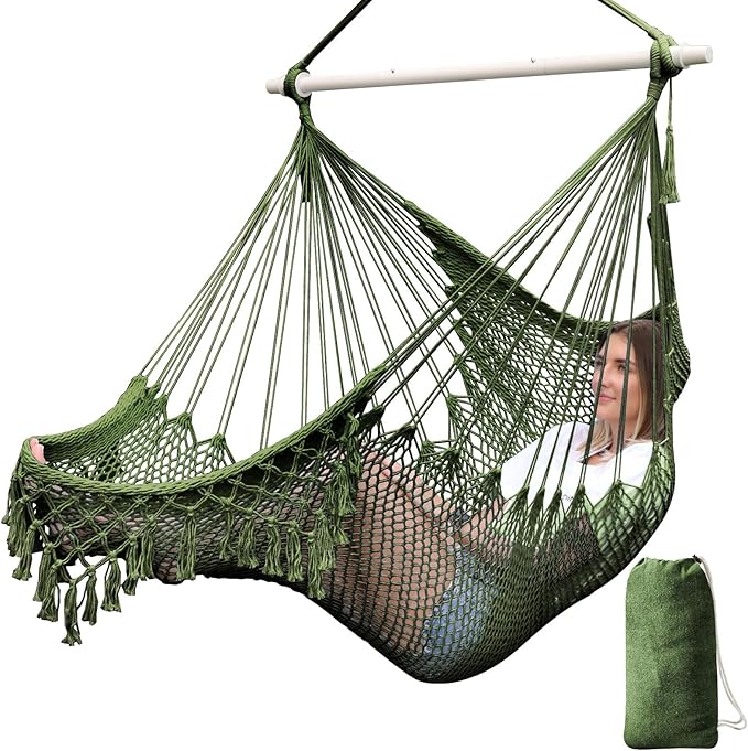 Chihee Hammock Chair Super Large Hanging Chairs Soft-Spun Cotton Rope Woven Chair, Collapsible Strong Metal Spreader Bar Wide Seat Lace Stretch Swing Chairs Indoor Outdoor Garden Yard Theme Decoration Chihee