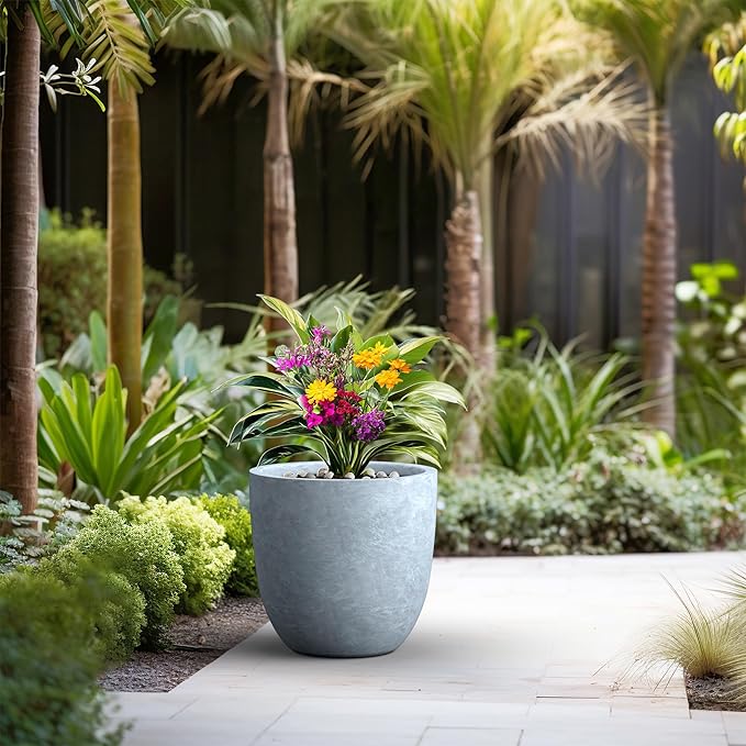 Kante 18 Inch Dia Round Concrete Planter, Indoor Outdoor Large Plant Pot with Drainage Hole and Rubber Plug for Home Patio Garden, Slate Gray Kante