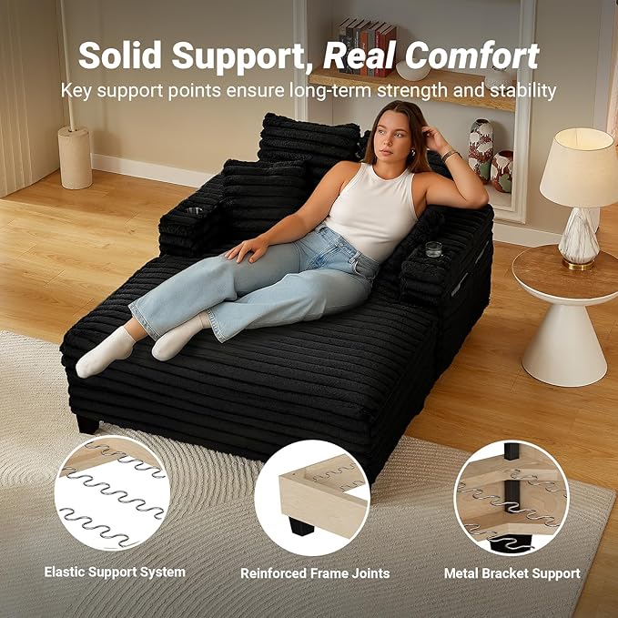 64" Chaise Lounge Chair Indoor, Oversized Sleeper Chair with Wood Frame, Upholstered Sofa Bed for Living Room, Movie Room, Bedroom with 4 Storage Pockets&2 Cup Holders(Plush Corduroy, Black) Amsleekey
