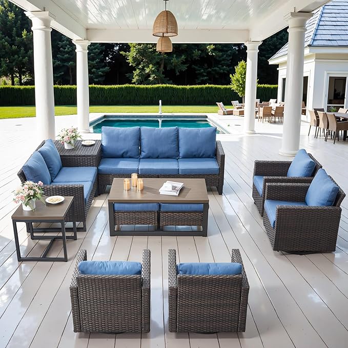 Belord Spacious 11 Pieces Patio Conversation Set - 5-Seater Outdoor Furniture Sectional Sets with Swivel Glider Chairs Set of 4 and Storage Box, Metal Top Coffee Table with Embedded Ottoman Brown Belord