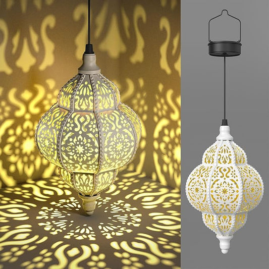 Hanging Solar Lights Outdoor Garden Decor Solar Lantern Waterproof Plastic Moroccan Outdoor Decorations for Patio Pathway Yard Backyard Garden Decorative (1, White) Hapjoy
