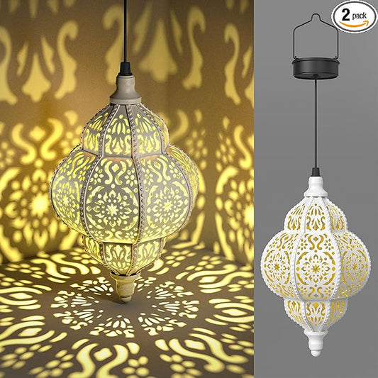 Hanging Solar Lights Outdoor Garden Decor Solar Lantern Waterproof Plastic Moroccan Outdoor Decorations for Patio Pathway Yard Backyard Garden Decorative (2, White) Hapjoy