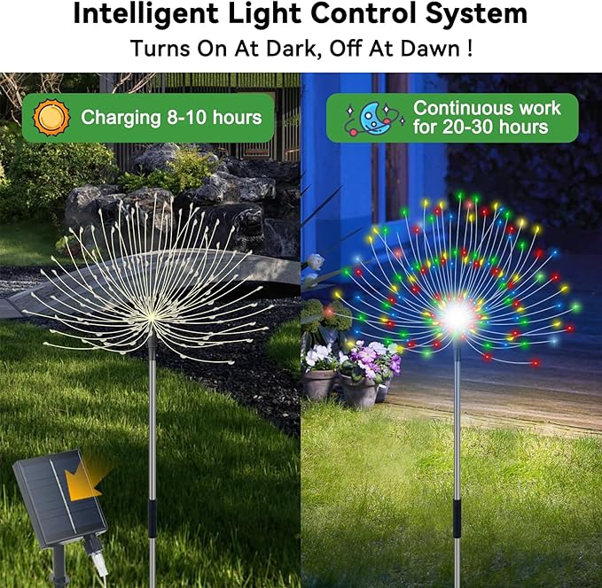 Solar Garden Lights Outdoor Waterproof, 4 Pack Total 480 LED Solar Starburst Sparkler Lights Decorative with 8 Lighting Modes Outside for Flowerbed Pathway Party Christmas Decoration, Multicolor Slyuexu
