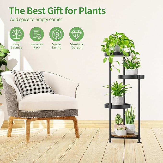 Plant Stand Indoor Outdoor Clearance, 4 Tier Metal Tall Flower Shelf Holder, Multiple Plant Round Corner Rack Organizer Display for Patio Orchid Office Porch Living Room Garden Balcony, Black Oppro