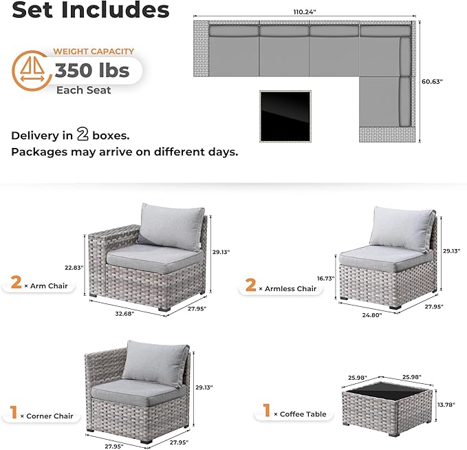 ovios 6 Pieces Patio Furniture Set, Outdoor Wicker Sectional Sofa with Glass Table Comfy Cushions, Modern Modular Deep Seat Couch Rattan Conversation Set, Dark Grey OVIOS