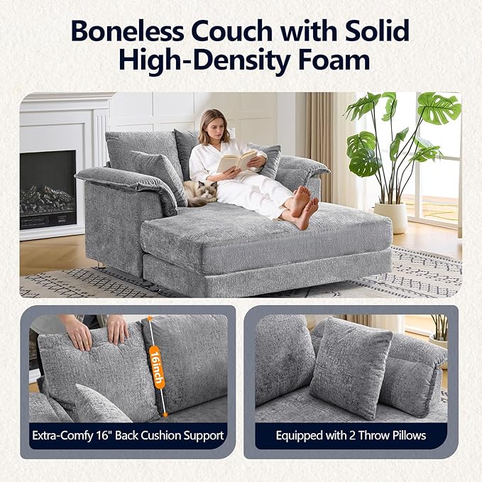 VINGLI Modern Floating Chaise Lounge Chair with Acrylic Legs, Upholstered Cushion Deep Seat Lounge Sofa with Iron-Wood KD Frame, Pillow Armrest, Accent Chair for Living Room, Play Room Apartment VINGLI