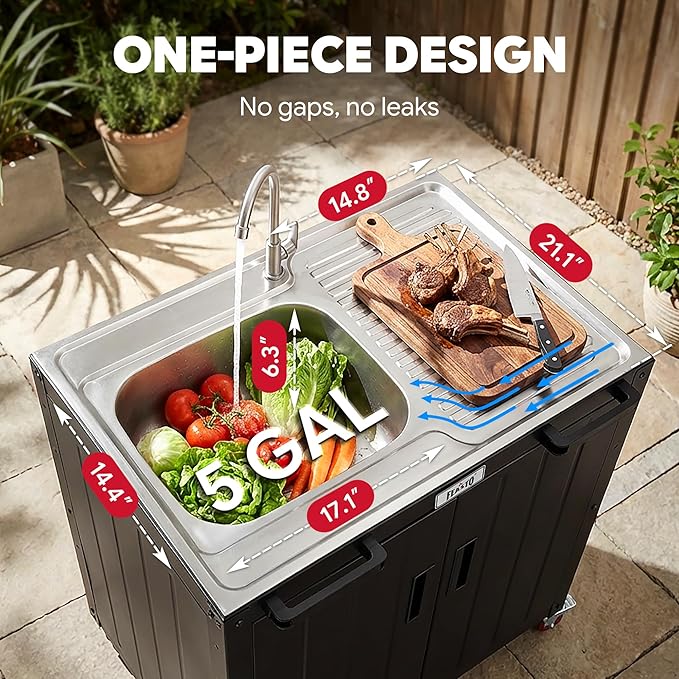 Outdoor Kitchen Island with Stainless Steel Sink and Storage Cabinet, 35-Inch BBQ Prep Station with Faucet & Lockable Wheels for Patio, Backyard, and Outdoor Cooking, Black & Silver Idealforcook