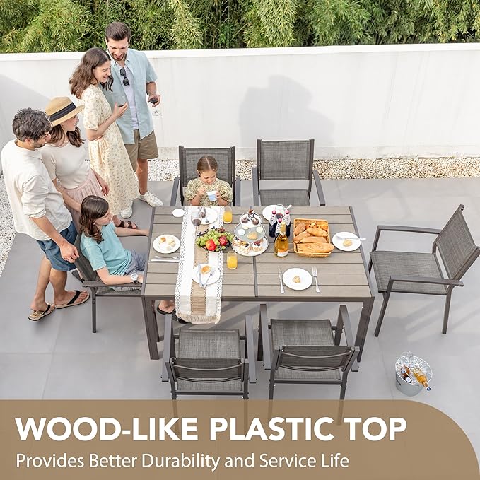 Devoko Patio Dining Set 7 Piece Outdoor Furniture with Rectangular Table and 6 Stackable Chairs Family Conversation Set for Garden Backyard Deck (Grey) DEVOKO