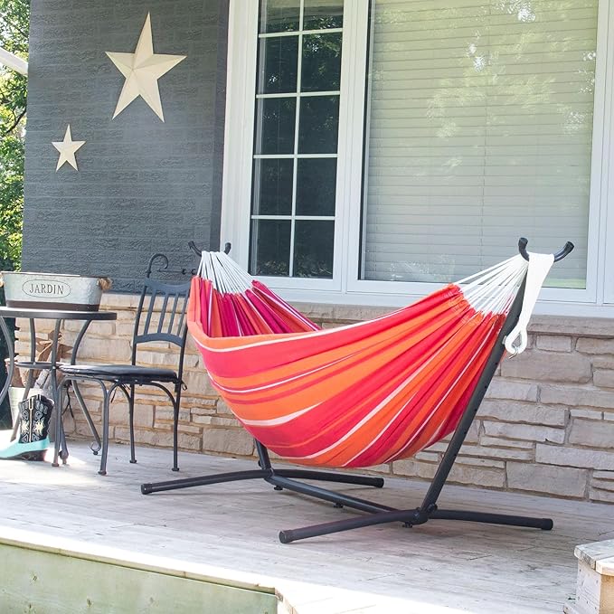 Vivere Double Cotton Hammock with Space Saving Steel Stand, Upgraded Polyester End Strings 450 lb Capacity - Premium Carry Bag Included - USA Grown Cotton (Mimosa) Vivere