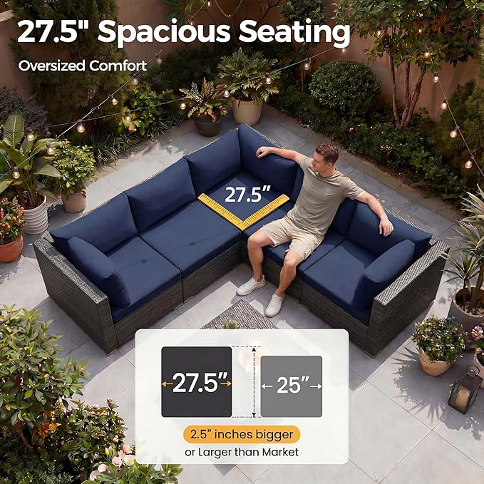 NICESOUL 7 Piece High-End Outdoor Furniture Sofa Set, 29.3'' High Back XL Large Grey Wicker Patio Modular Sectional with Side Tables, All-Weather Couches for Backyard Deck, 2 Color Cushion Navy & Grey NICESOUL