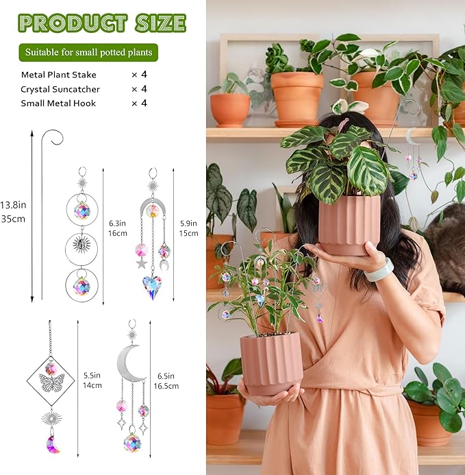 HDCRYSTALGIFTS 4 Pack Crystal Sun Catchers with 13.5'' Small Trellis for Potted Plants Indoor Plant Stake Suncatcher Decoration for Home Window Garden, Sliver HDCRYSTALGIFTS