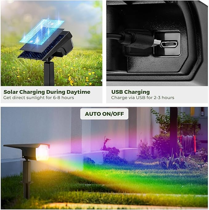 Kingsyard Solar Lights Outdoor Waterproof IP68, 47 LEDs 3 Lighting Modes USB & Solar Powered Garden Yard Pathway Spot Lights for Outside Landscape, Auto On/Off, 2 Pack(Cool White) Kingsyard