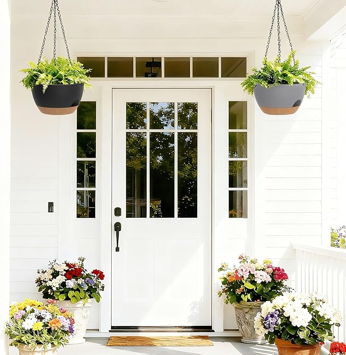 8 Inch Hanging Planters for Indoor Outdoor Plants, 4 Pack Plastic Self Watering Hanging Baskets with Drainage Holes and Chain for Garden Porch SQKH