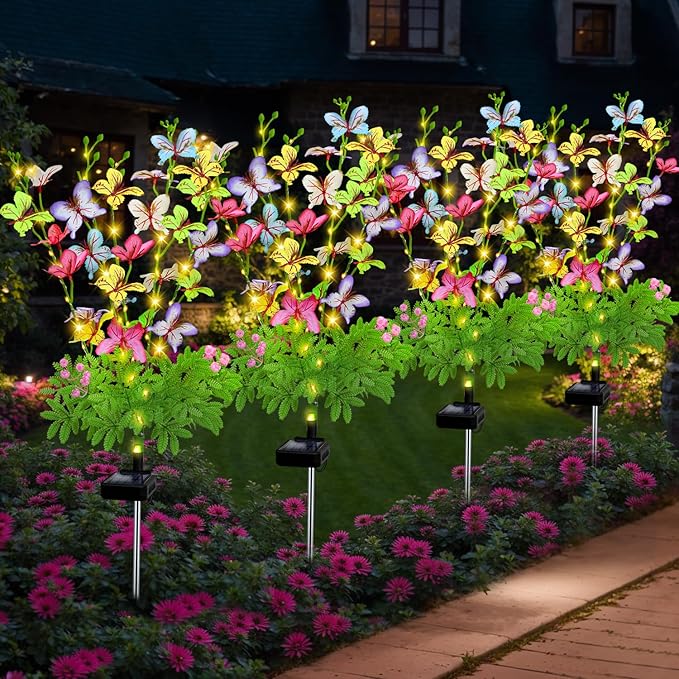 Solar Garden Lights Outdoor Waterproof,4 Packs Solar Swaying Butterfly Lights Decor,Gardening Butterfly Gifts for Mom Women,Solar Flowers Plant Lights Decorative Stakes for Yard Patio Lawn Pathway EDOF