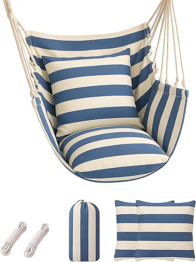 Hammock Chair Swing 2 Cushions Included - Hanging Rope Swing Max 400 Lbs Sturdy Soft Cotton Indoor for Bedroom Swing Chair Outdoor Patio Bedroom Porch Deck (Blue White Stripes) Rootora