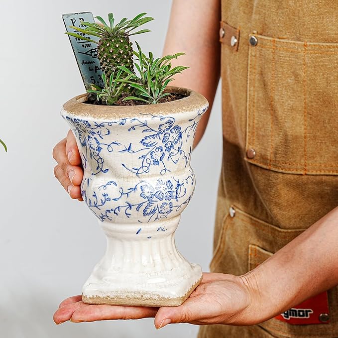 Sungmor Small Ceramic Urn Planter - Blue and White Floral Pedestal Flower Pot, Decorative Vintage Chinoiserie Style Planters, Tuscan Accent Vase Indoor Outdoor Plant Holder with Drainage Sungmor