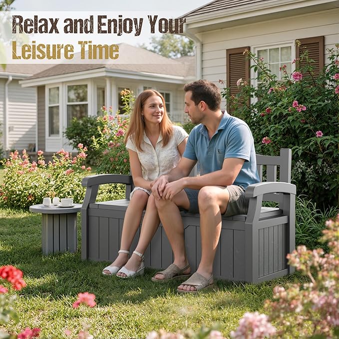 80-Gallon Outdoor Storage Bench, Waterproof Deck Box with Lockable Lid & Armrests for Patio, Garden, Pool, Gray Acurax