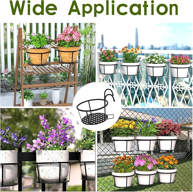 CADANI Iron Hanging Plant Holder Over The Rail Metal Fence Planters, Hanging Bucket Flower Pot Holder for Patio Balcony Outdoor Plants - Pack of 6 (Black) CADAINPlantStandOutdoor