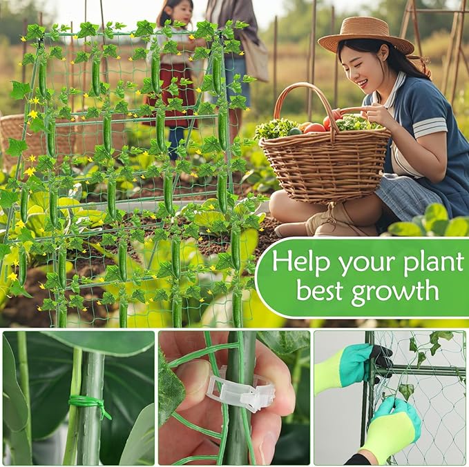 32 x 53 Inch Cucumber Trellis for Climbing Plants Outdoor A-Frame Garden Trellis for Raised Bed Detachable Sturdy Garden Plant Support Trellis for Small Plant Vegetable Flower Grape with Climbing Net LifeisLuck