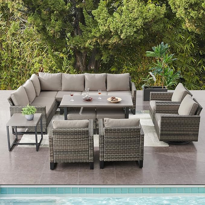 Belord Outdoor Sectional Furniture with Swivel Rocker Chair, 10 Pieces Wicker Patio Furniture Sets with Ottoman L Shaped Sofa Coffee Table Grey Cushion Belord