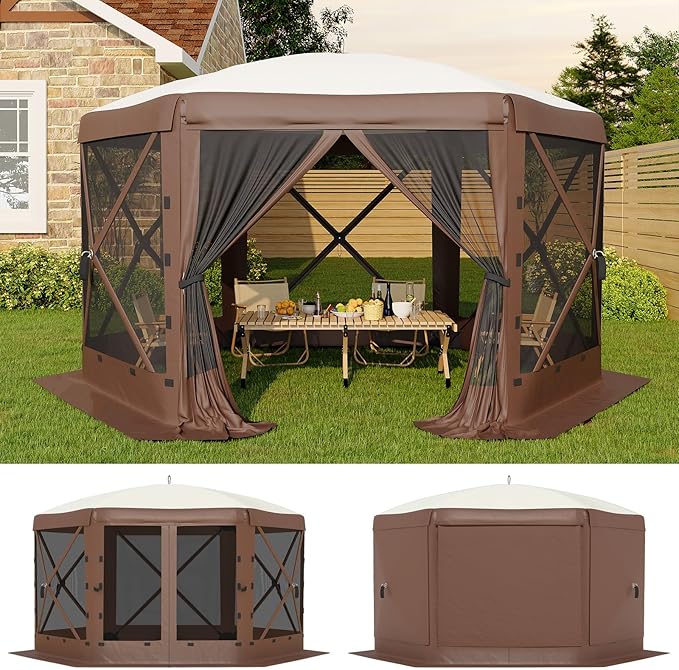 11.5x11.5FT 6-Sided Pop Up Gazebo Tent，One-Push Setup Canopy Tent with Mesh Panels & Removable Wind Cloths, Outdoor shelter for Camping, Backyard Parties, Outdoor Events - Beige & Khaki GarveeLife