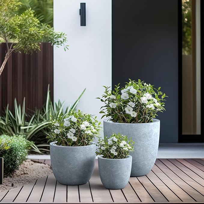 Kante 18",14",10" Dia Concrete Round Planters (Set of 3), Outdoor Indoor Large Planter Pots with Drainage Hole and Rubber Plug for Home Patio Garden, Gray Kante