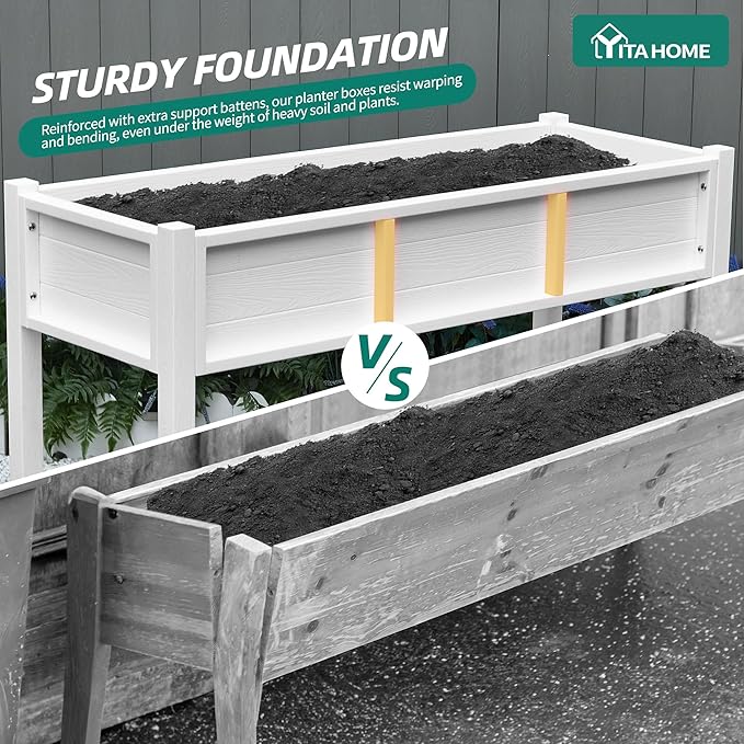 YITAHOME 48x18x30in Raised Garden Bed HDPE, Weather-Resistant Poly Lumber Planter Box with Legs & Storage Shelf, Elevated Garden Bed for Yard, Garden, Balcony - White YITAHOME
