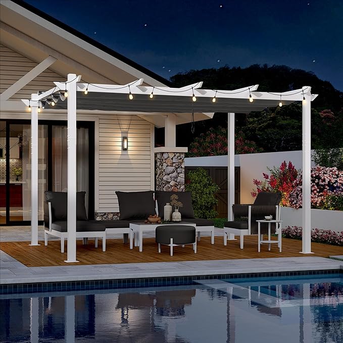 PURPLE LEAF 10' x 13' Outdoor Retractable Pergola with Light Aluminum Patio White Pergolas with Double Sun Shade Canopy for Gardens Deck Backyard, Grey Rootora