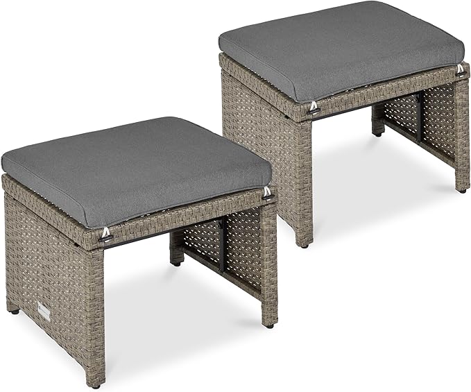 Best Choice Products Set of 2 Wicker Ottomans, Multipurpose Outdoor Furniture for Patio, Backyard, Additional Seating, Footrest, Side Table w/Removable Cushions, Steel Frame - Cement Gray/Taupe BestChoiceProducts