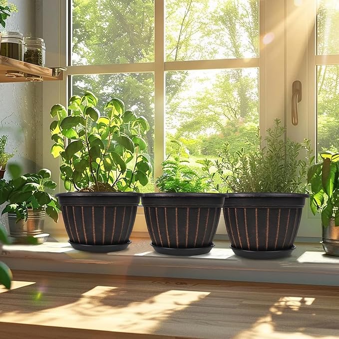 FGstyle 4 Pack Flower Pots,8 Inch Plants Pot,Planters Pot with Drainage Hole & Saucer,Modern Planters for Indoor Outdoor Plants,Decorative Resin Garden Pots for Outdoor Indoor Home Plants (Black) FGstyle