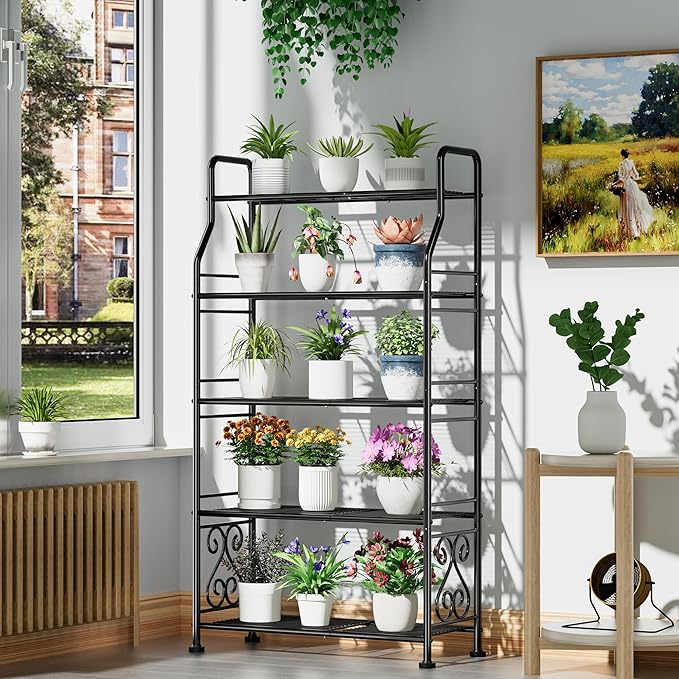 GIOTORENT Plant Stand Outdoor Indoor 5 Tier Metal Waterproof - 53.2" Plant Shelf for Patio, Balcony, Living Room, Large Capacity Tiered Plant Rack, Black GIOTORENT