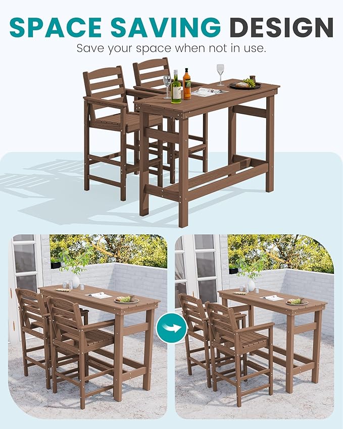 SERWALL Outdoor Bar Set - 4 Adirondack Bar Chairs & Bar Height Table with 1.6" Umbrella Hole, All-Weather HDPE Patio Furniture for Poolside, Backyard, Garden - Brown SERWALL