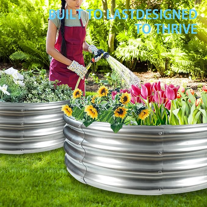 Durable Round Galvanized Steel Raised Garden Bed for Planting,Round Galvanized Steel Fire Ring/Fir Pit 36-Inch for Outdoor- 3×3×1FT,0.8MM Thick (36 ins Diameter x 12 ins high, Silver) zbzbml