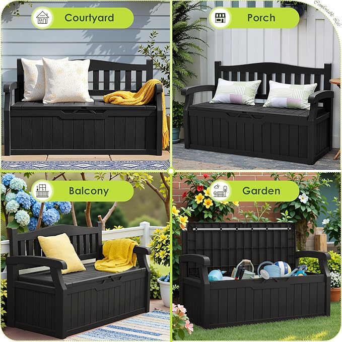 Greesum 80 Gallon Outdoor Storage Bench, Weather-Resistant Deck Box, Patio Furniture Bench for Backyard, Garden, Porch, Large Capacity Seat for Pillows Cushions Patio Accessories, Dark Black BuynowfromGreesum