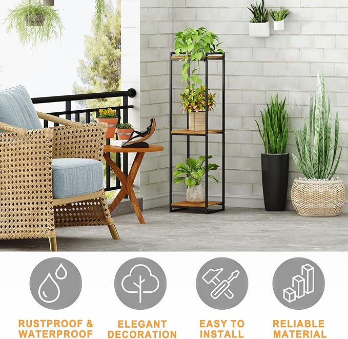 3-Tier Plant Stand Indoor, 45" Tall Modern Plant Shelf Corner Flower Pot Holder Organizer for Living Room Balcony Garden, Rustic Brown yeavs