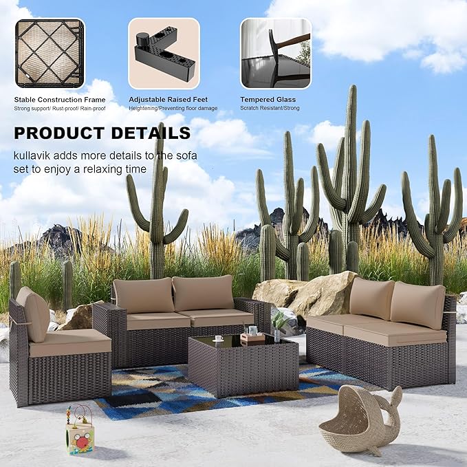 Kullavik 10 Pieces Outdoor Patio Furniture Set,PE Wicker Rattan Sectional Sofa Patio Conversation Sets with 43" 55000BTU Gas Propane Fire Pit Table,Swivel Rocking Chairs Set,Sand KULLAVIK