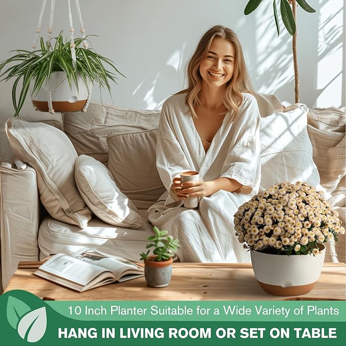 Set of 2-10 Inch Hanging Planters for Indoor Plants with Self-Watering Includes Hanging Pots for Plants, Outdoor Hanging Plant Pot with Drainage, and 2 Types of Hanging Baskets Hangers (White, 10inch) Montresor