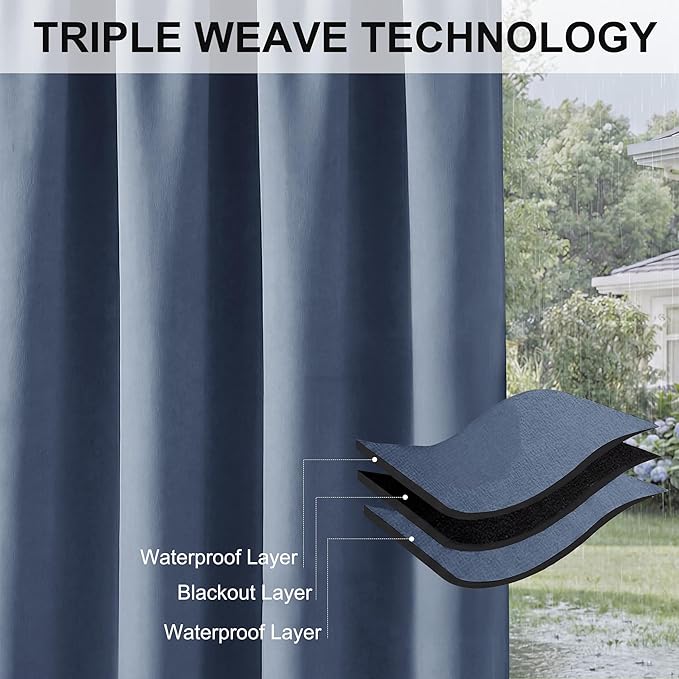 RYB HOME Extra Wide Outdoor Curtains for Patio Waterproof Heavy Duty Thermal Insulated in Summer Full Coverage Privacy for Porch, Cabana & Pool, W150 x L95, Stone Blue, 1 Panel RYBHOME