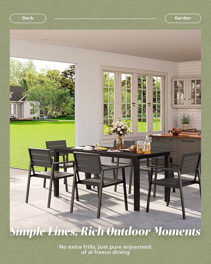 67" HDPS Outdoor Patio Dining Table, Aluminum-Edged Outdoor Dining Table with Umbrella Hole, Weather-Resistant for Lawn, Garden, Poolside and Indoor Use, Charcoal Vexwalx