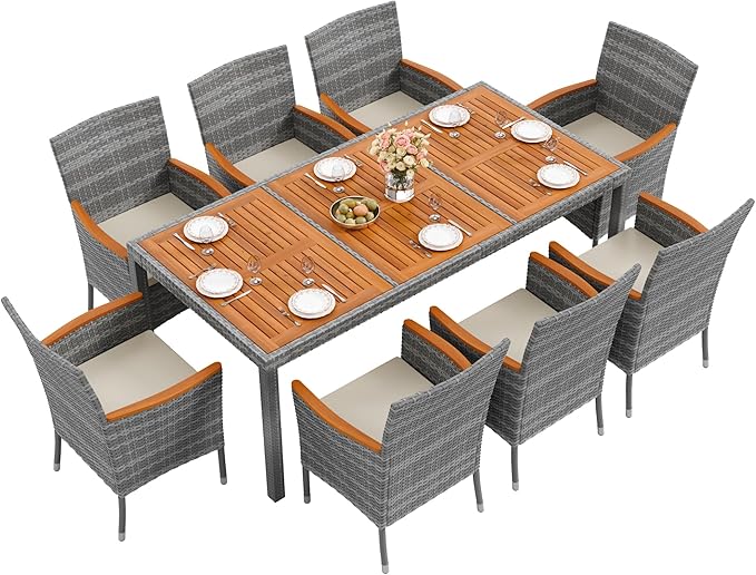 Flamaker 9 Piece Patio Dining Set Outdoor Acacia Wood Table and Chairs with Soft Cushions Wicker Patio Furniture for Deck, Backyard, Garden (Grey) Flamaker